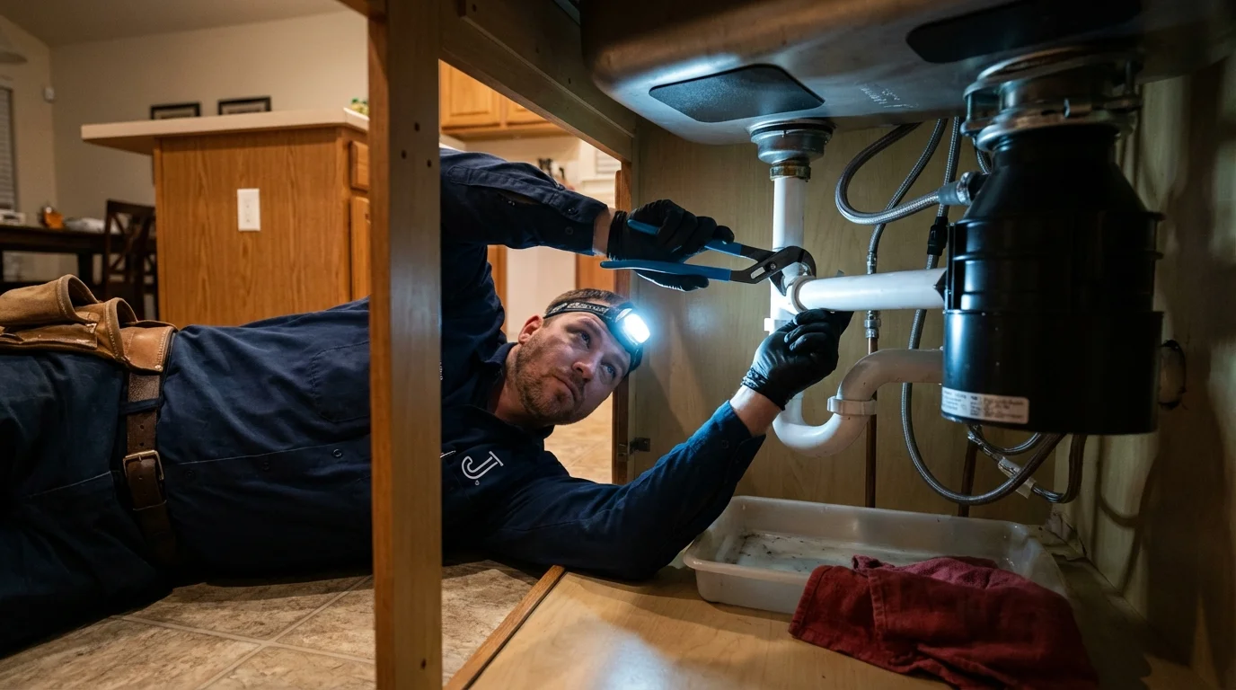 P-trap and supply line connections under a kitchen sink showing a common leak point in Mount Clemens, MI